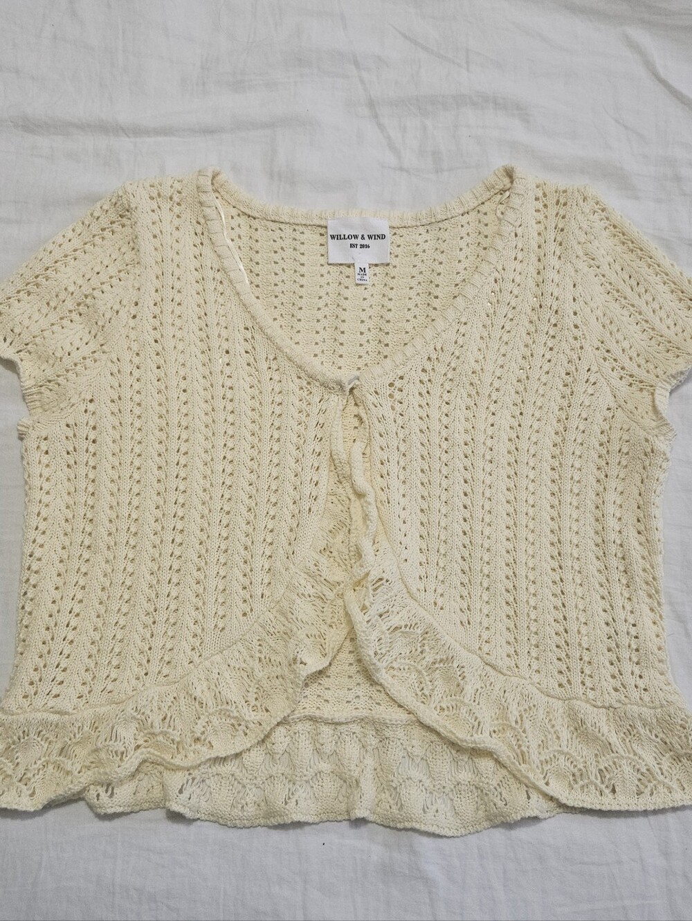 Willow & Wind Pale Yellow Short Sleeve Ruffle-Trim Knit Cardigan